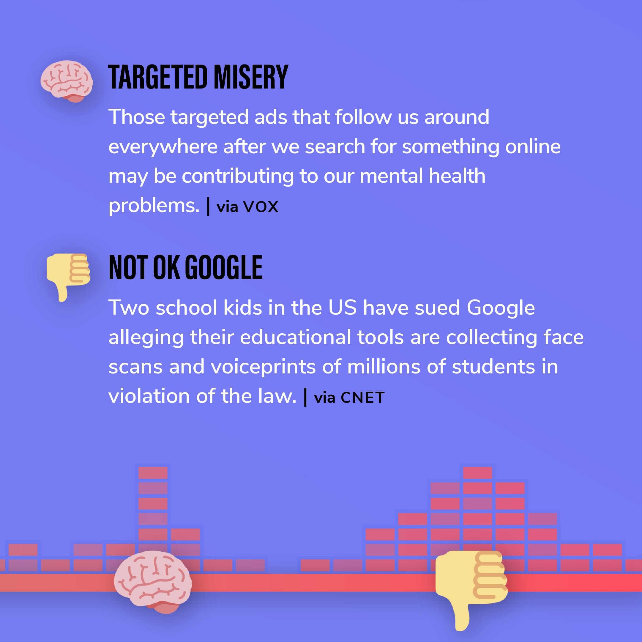 Story 11: Those targeted ads that follow us around everywhere after we search for something online may be contributing to our mental health problems. Story 12: Two school kids in the US have sued Google alleging their educational tools are collecting face scans and voiceprints of millions of students in violation of the law.