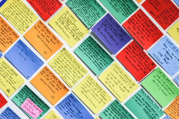 A wall of post its labelled with Mozilla Foundation ethical technology and education initiatives