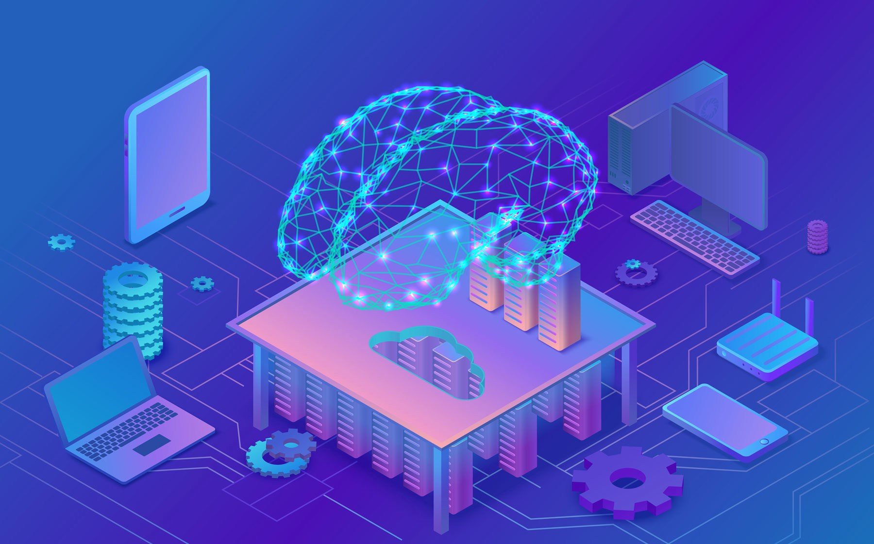 A purple and blue graphic with an outline of a brain in lights and other parts of technology hardware laying about.