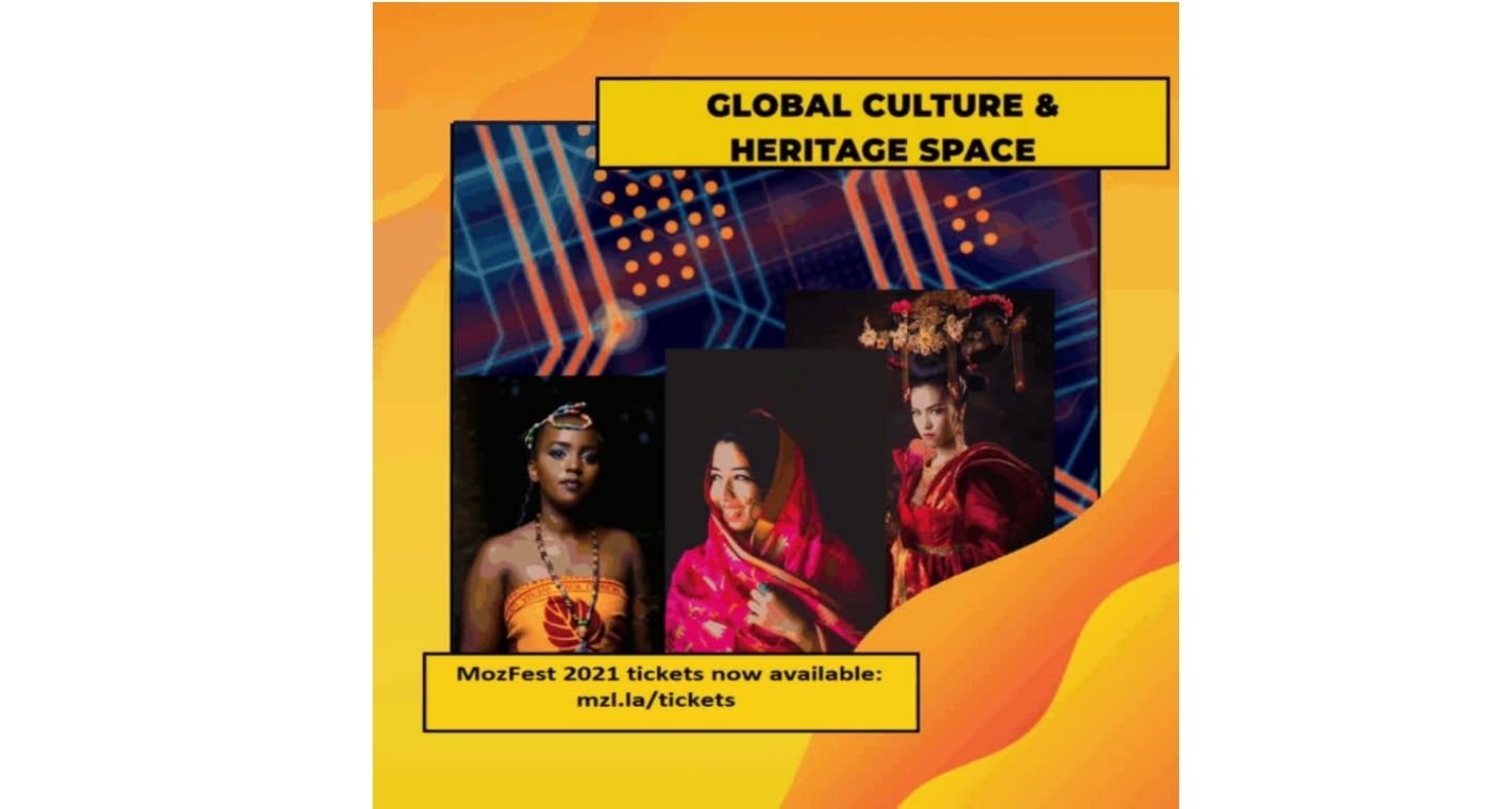orange framed image of three people in traditional, bright colored dress