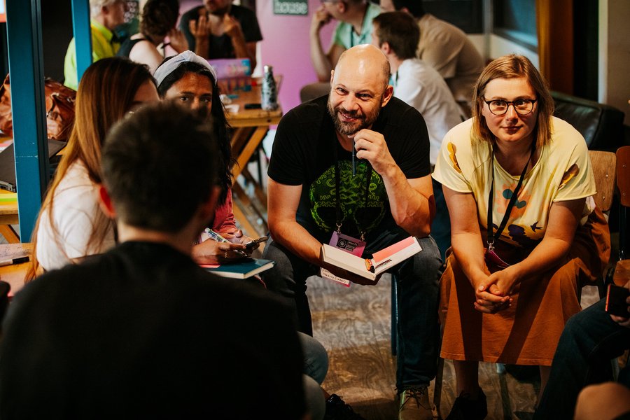 A group of Mozilla awardees talking at MozFest