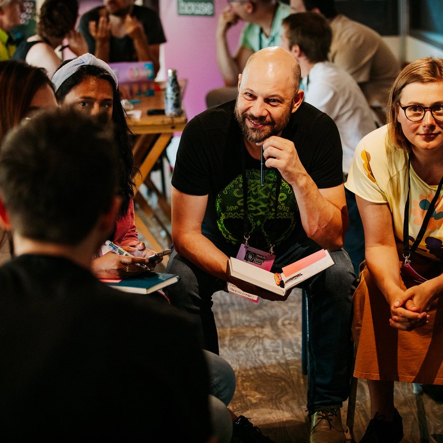 A group of Mozilla awardees talking at the Mozilla Festival