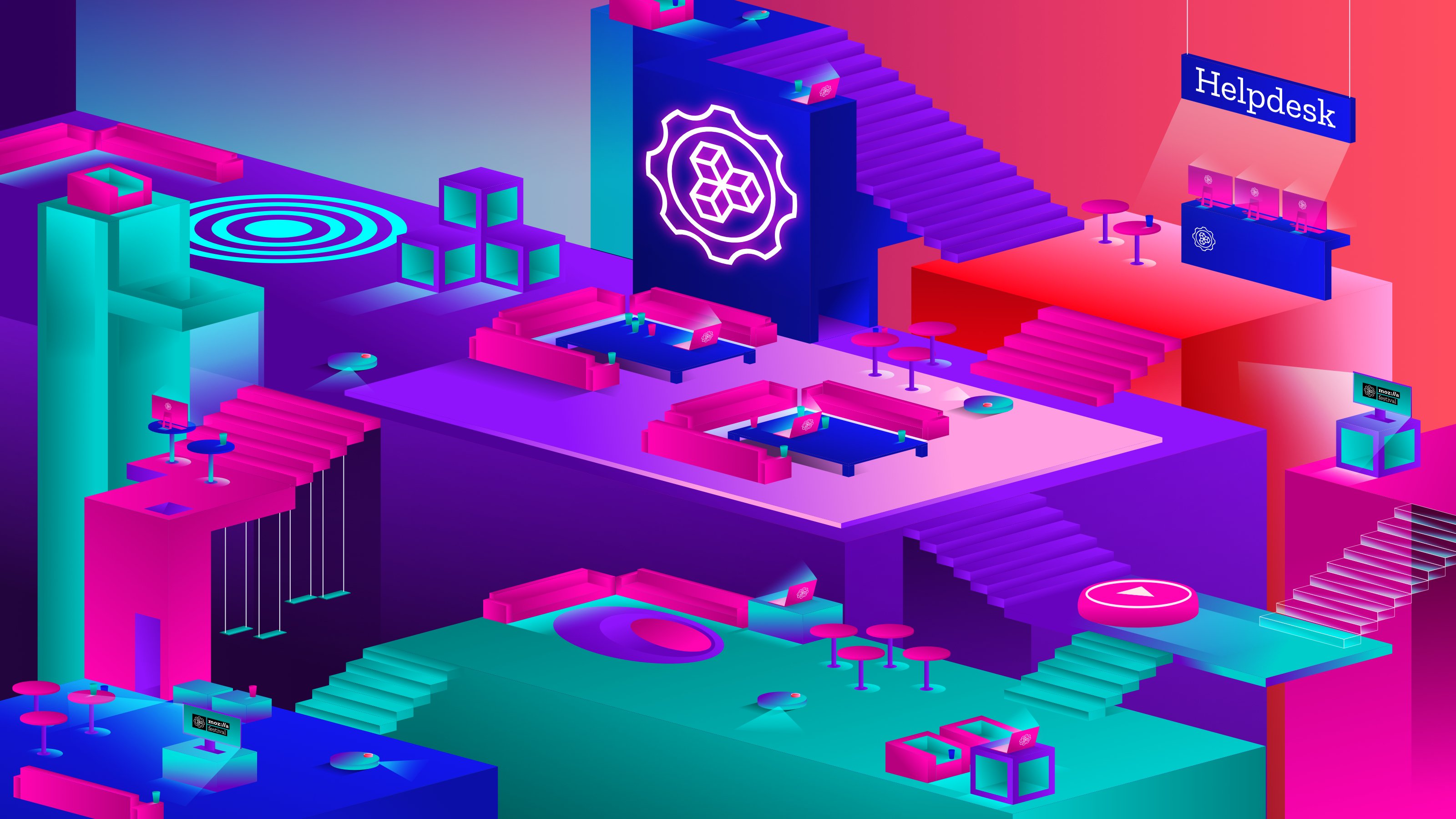 Bright room with helpdesk icons
