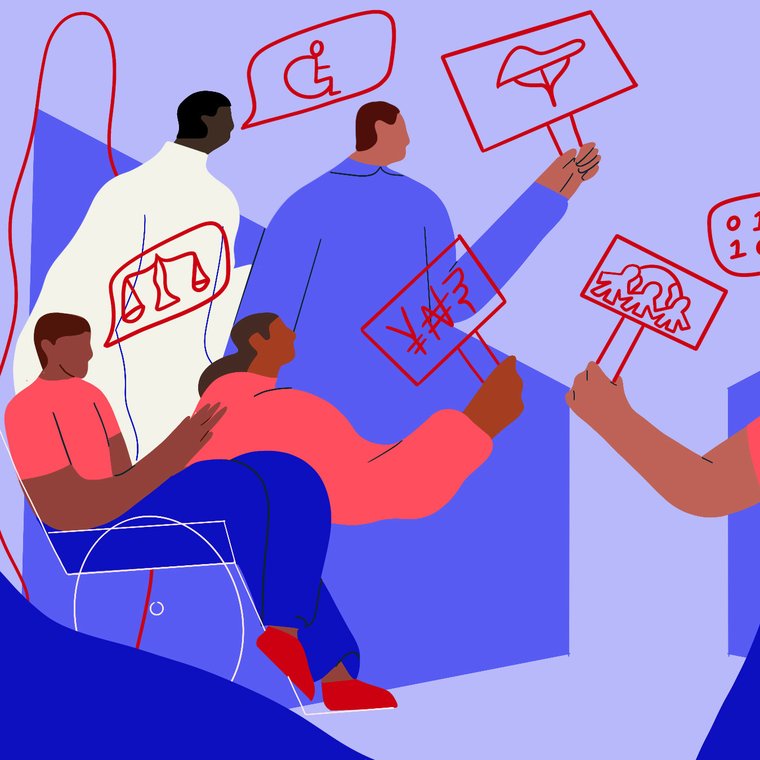 Illustration de manifestants brandissant des pancartes avec des symboles représentant les droits humains, la justice pour les personnes en situation de handicap, la justice climatique, la justice économique et les droits humains.