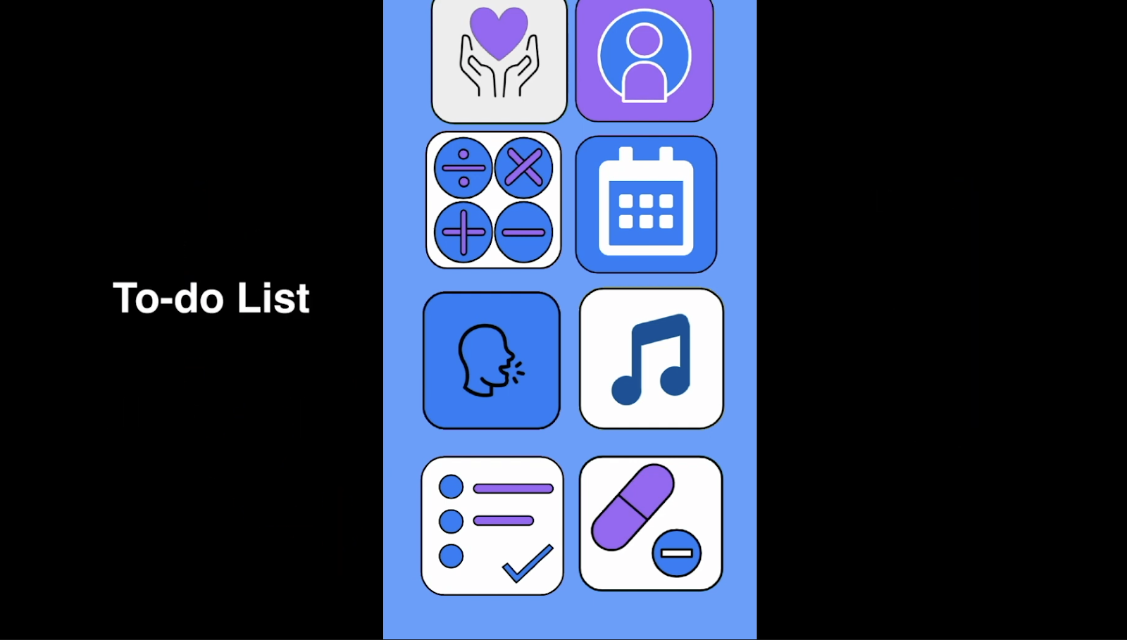 A screenshot of an app with a blue theme against a black background with the words "to do list" in white text.