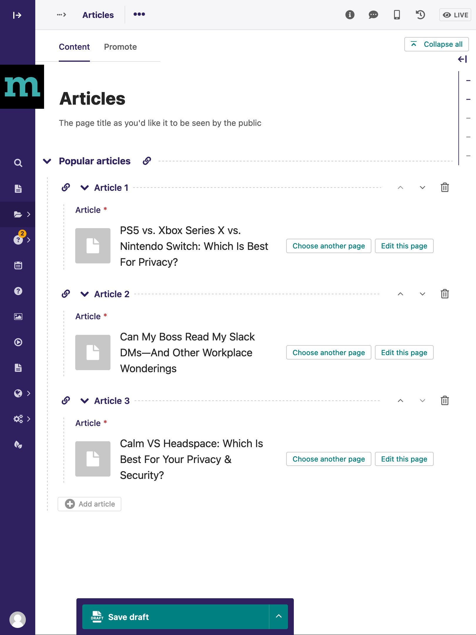 Screenshot of CMS view of article index page