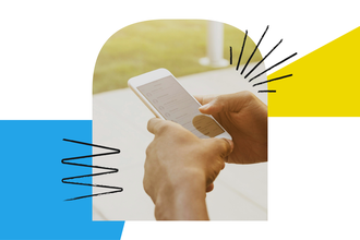 Hands holding a smartphone, framed by blue and yellow graphic shapes with sketch lines radiating from the device.