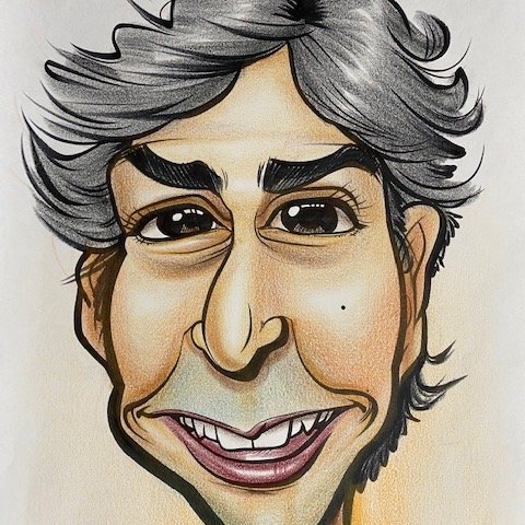 cartoon drawing of a headshot of a person with gray whispy hair, black eyebrows, brown eyes, and a big smile
