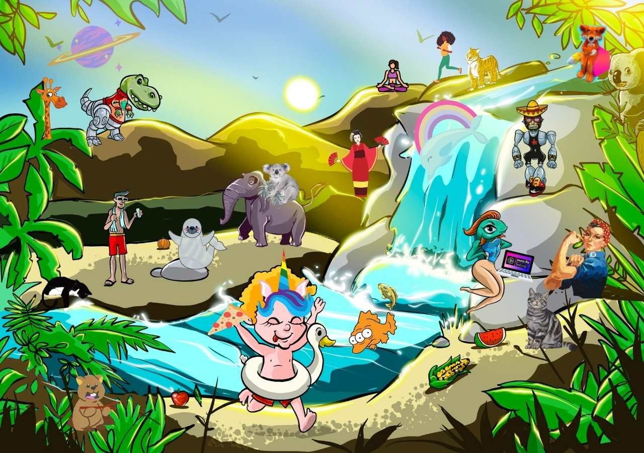 A cartoon depictiion of a natural oasis waterfall scene with many cartoon characters running about, happily.