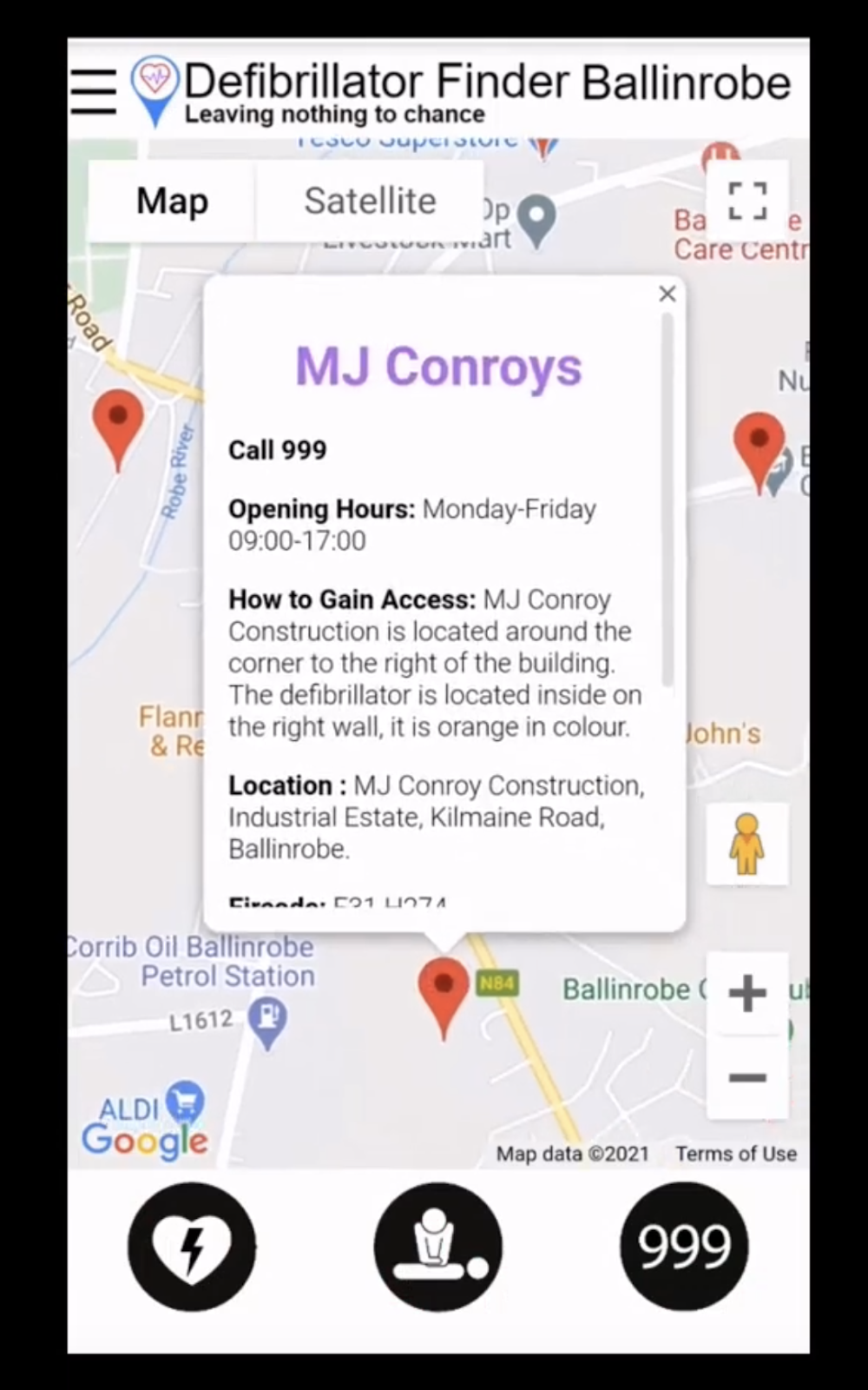 A screenshot of an app showing a map that pinpoints where Defibraillators are located.