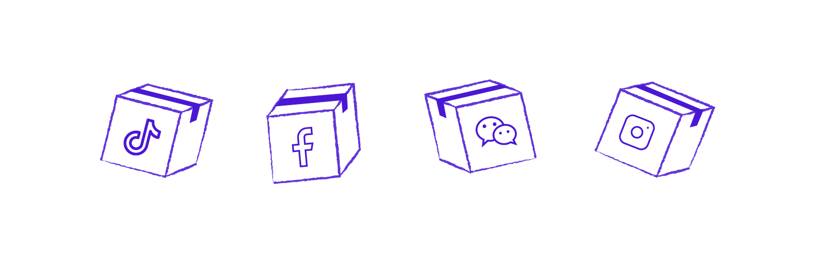 Stylised illustration of four delivery boxes, bearing the logos of TikTok, Facebook, WeChat and Instagram.