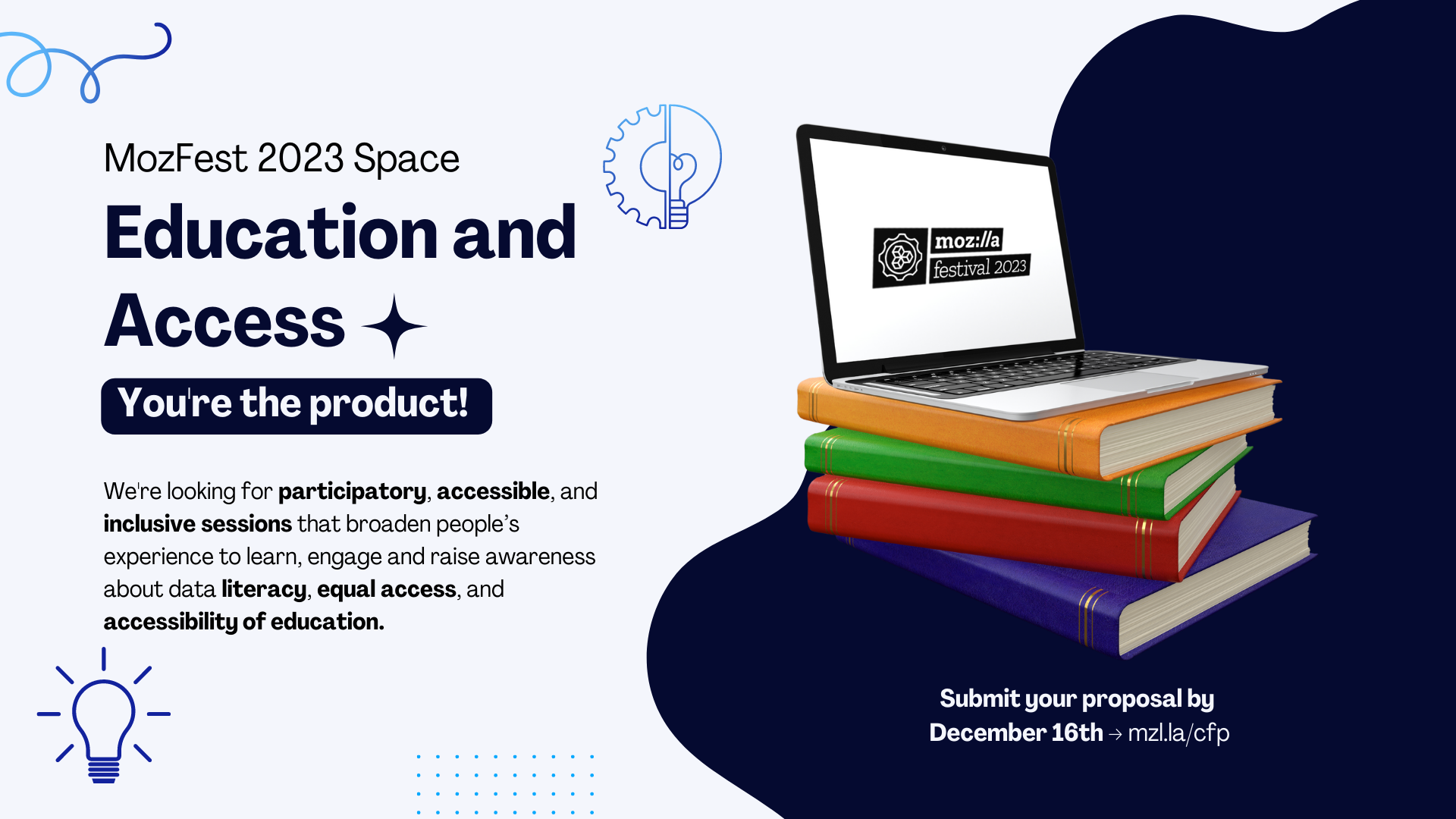 Graphic with a laptop sitting on a stack of books with text on the left hand side