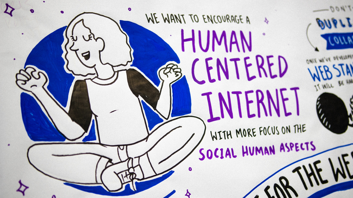 Illustration of a person sitting cross-legged with text that reads, “We want to encourage a human centered internet” and “social human aspects.”