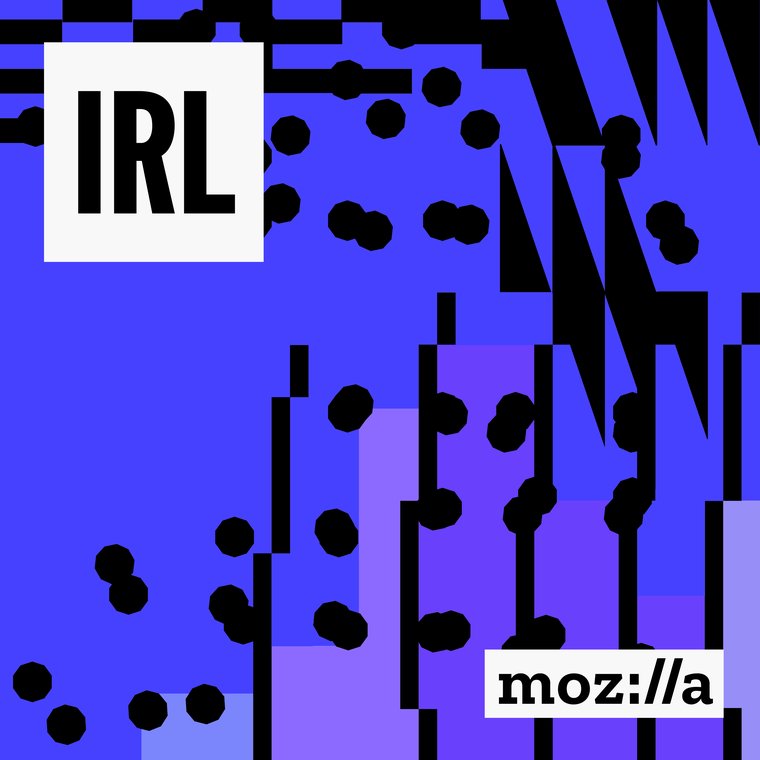 Illustration of black dots and lines on purple, descending with two logos: one for Mozilla, the other for IRL the podcast