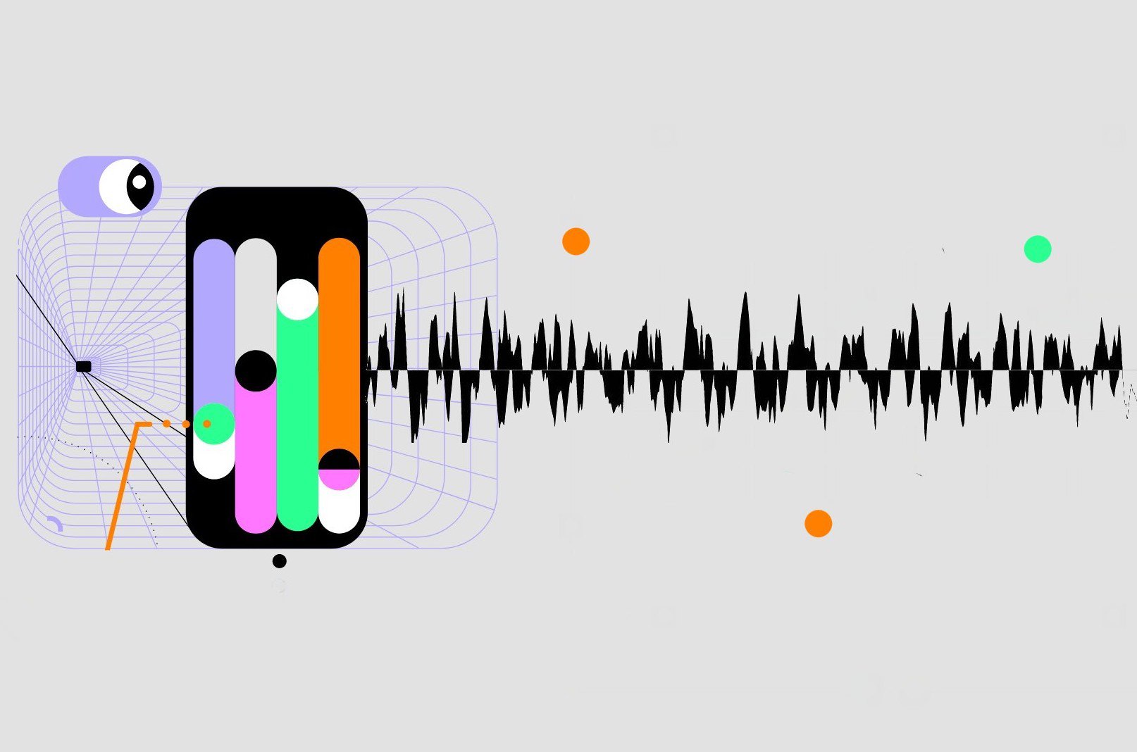 An illustration shows colorful images that resemble a smartphone and sound waves.