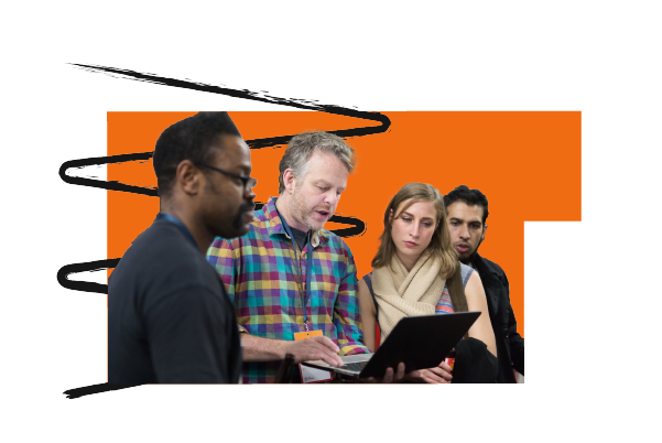 4 people intently reading laptop