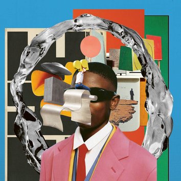 Collage integrating people, tech and colorful shapes