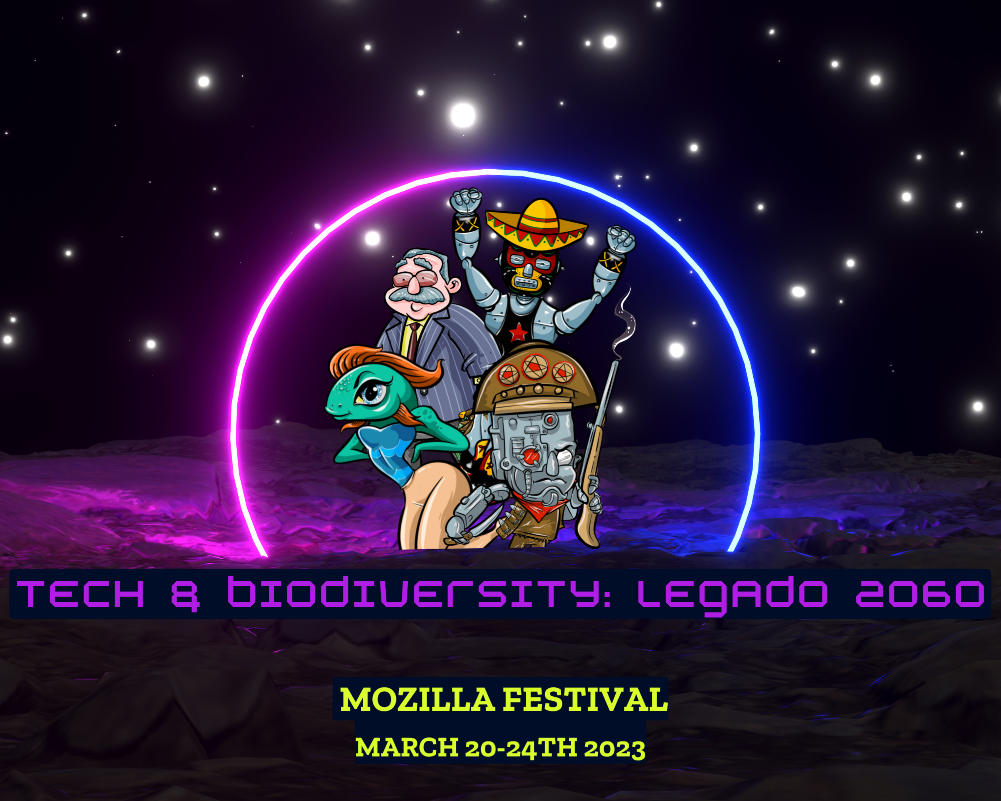 A starry sky with 4 cartoon characters bunched together under a pink and purple semicircle with words underneath: Tech & Biodiversity: Legado 2060