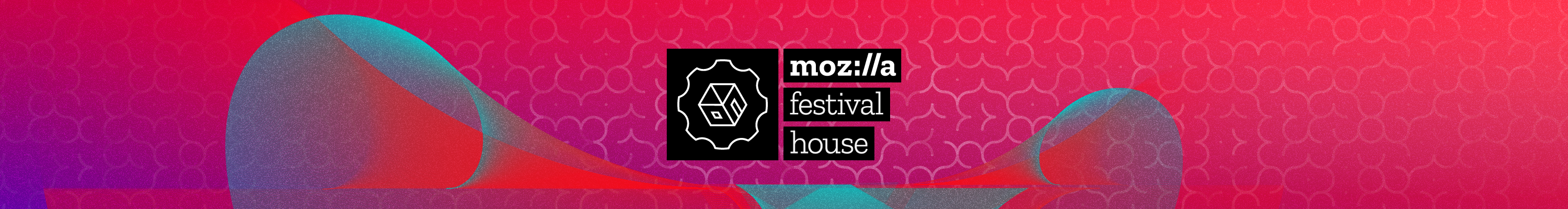 Logo MozFest House sur fond isométrique pêche et jaune