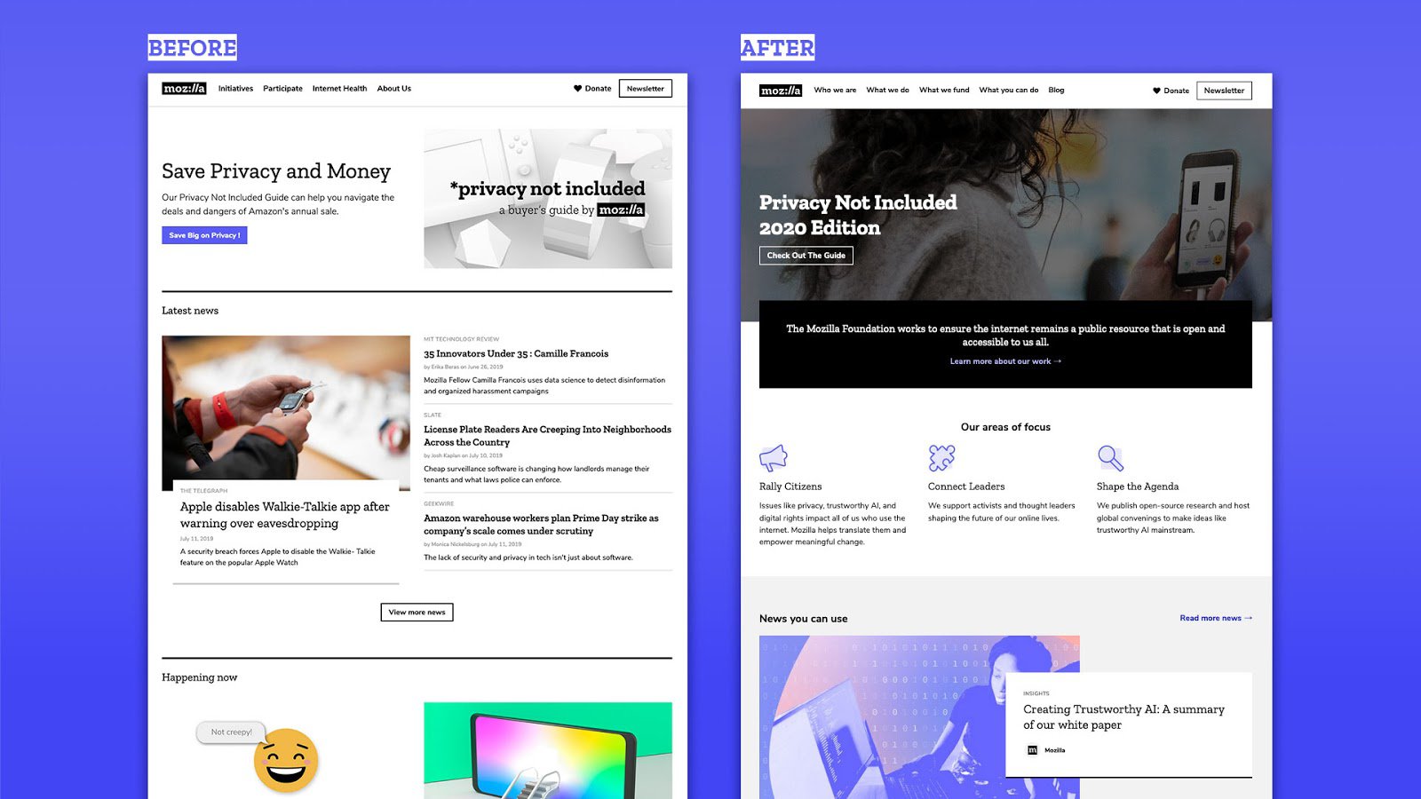 Before and after of Mozilla Foundation. home page