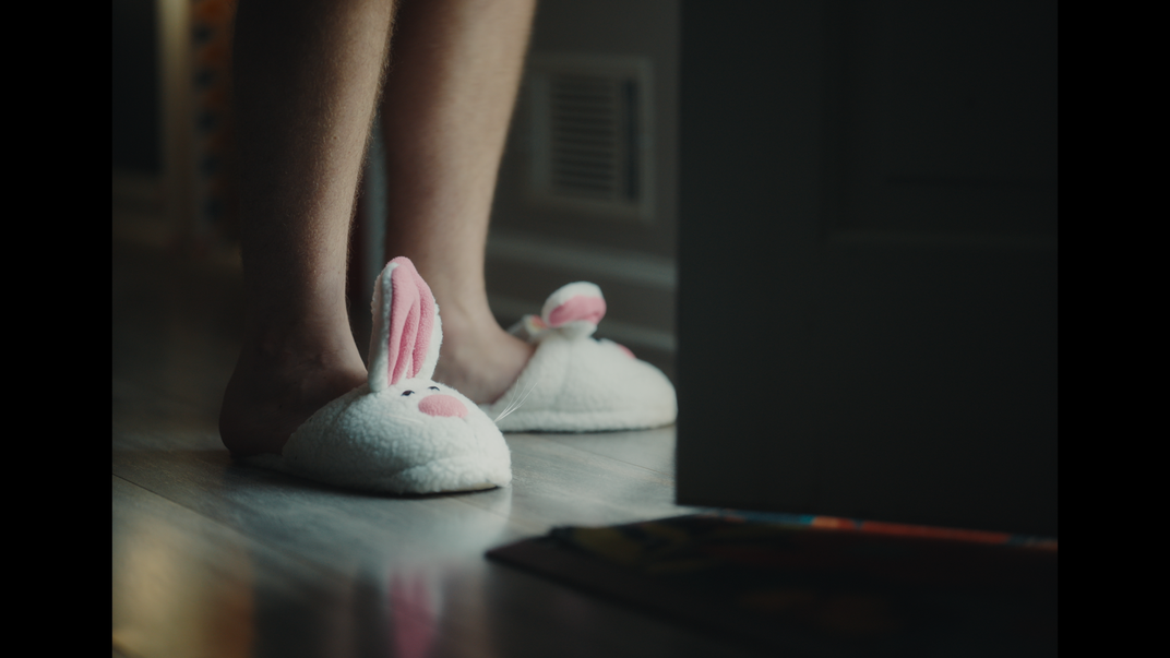 An image of bunny slippers from the movie Mr. Jesus.