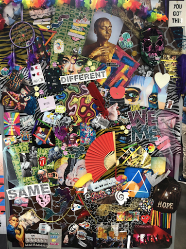 Multimedia collage of various colors, photos, textures, and 3D items.