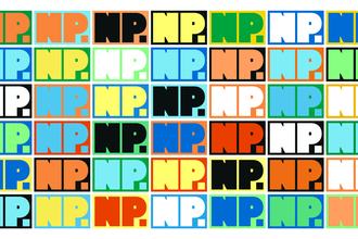 Step and repeat pattern of Nothing Personal magazine logos in various colours