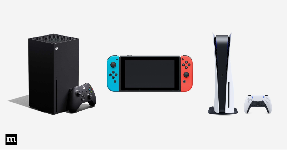 An Xbox Series X console, Nintendo Switch, and a Sony Playstation 5 console.