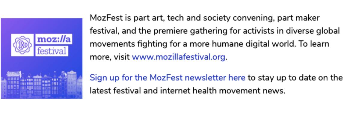 A footer image with information about the festival and a logo with a gear and the words Mozilla Fetival above a stylized Amsterdam skyline.