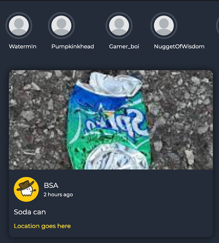 A screenshot of a black background app that has a photo of a crunch Sprite can laying in the ground.