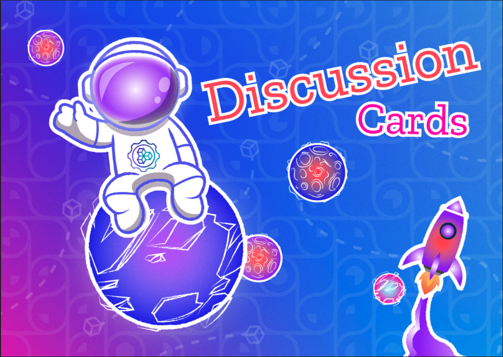 A blue and purple blackground with a cartoon astronaut sitting on a planet. A rocket and other planets are surrounding them.