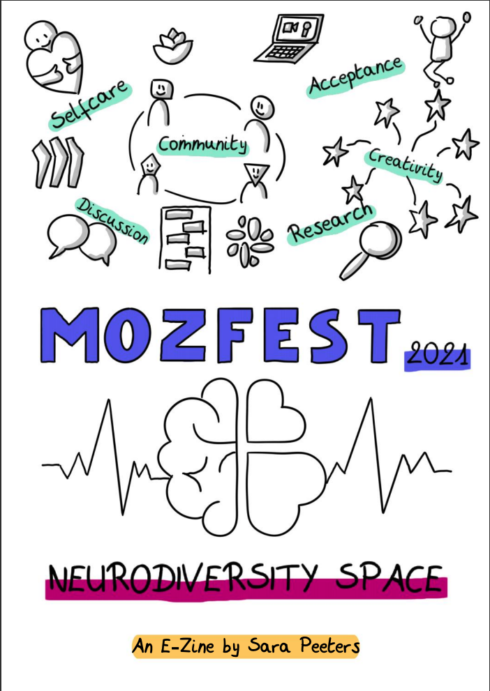 Handdrawn icons representing the topics found in an e-zine
