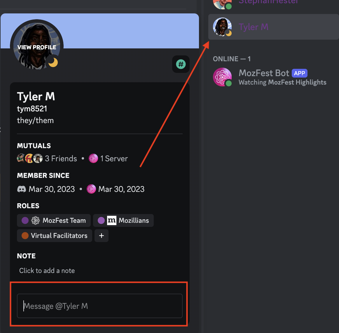 An image of a community profile in the MozFest Discord