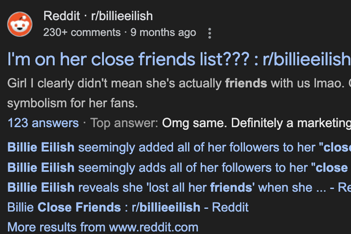 Reddit posters talk about Billie Eilish adding them to her Close Friends.