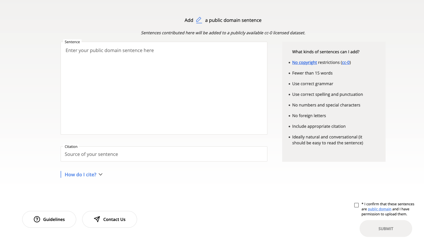 Un champ de texte laissant un espace pour écrire une phrase originale à ajouter au jeu de données Common Voice.
