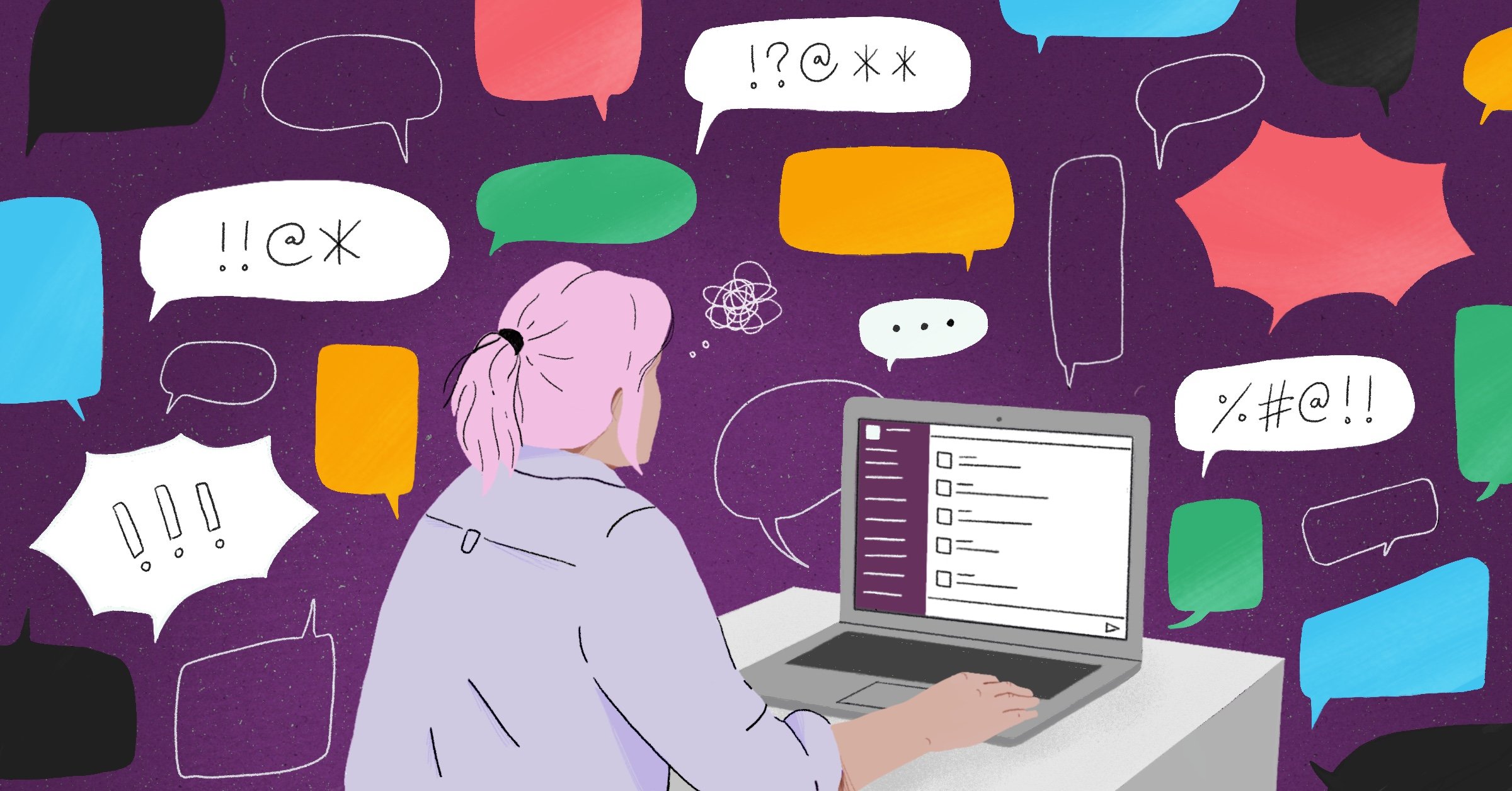 Eine Person sitzt vor einem PC und wird mit Slack-Nachrichten bombardiert
