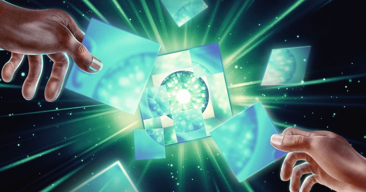 An illustrative image showing hands building a puzzle like box