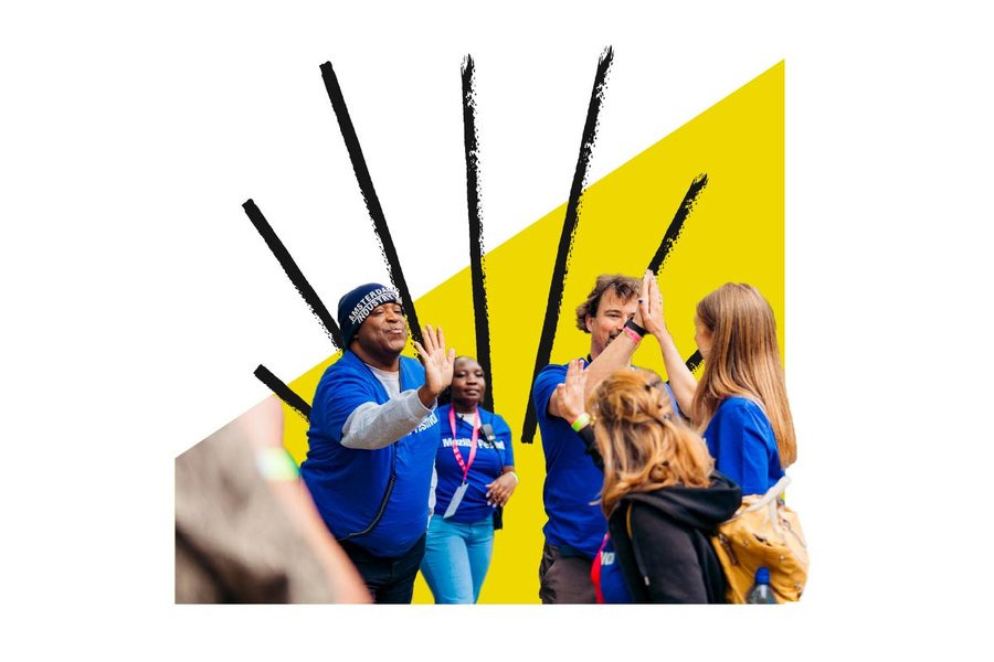 Four people giving and receiving high fives on top of a yellow shape with an animated sun burst hand drawn lines in the background