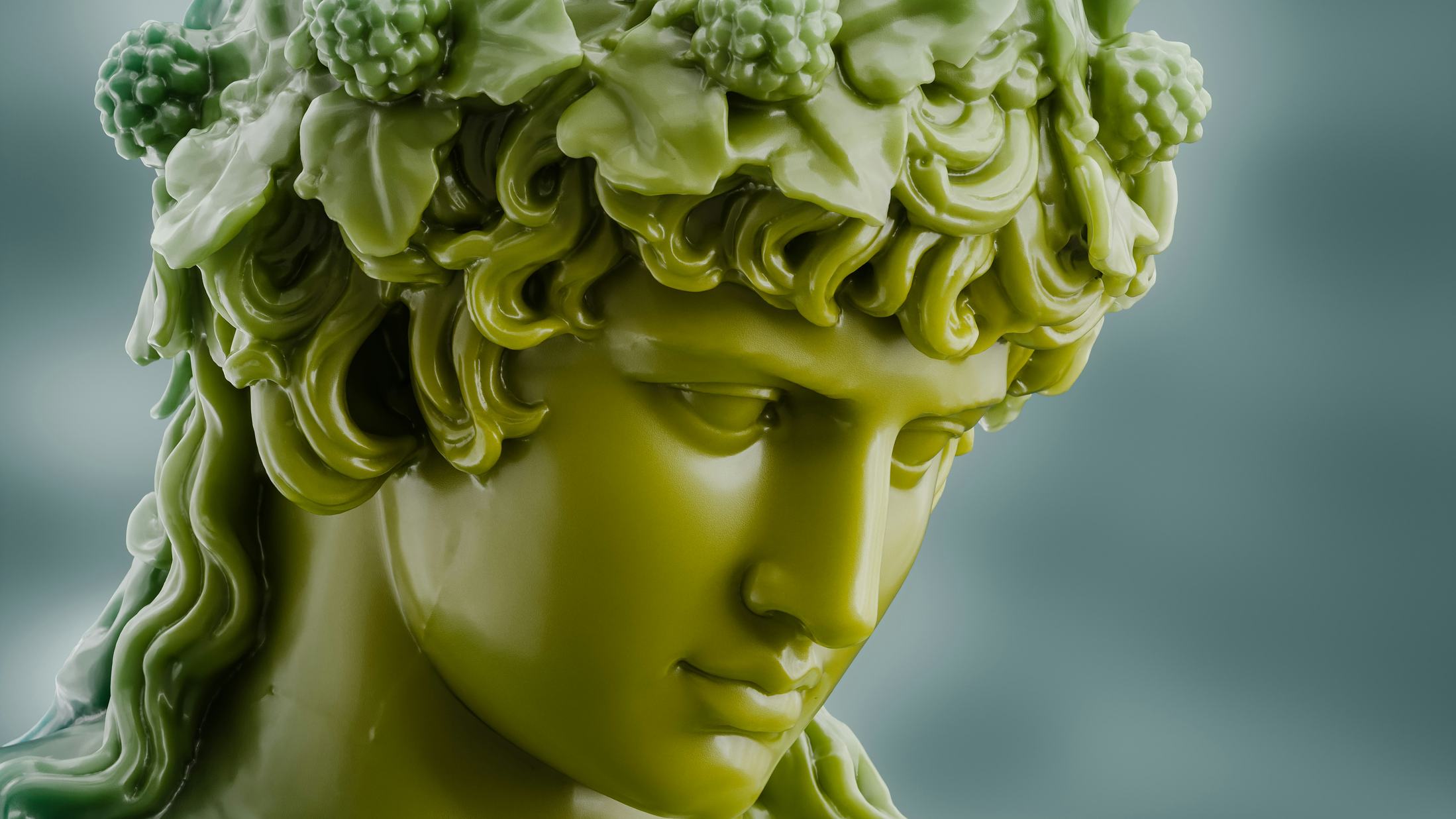 3D-rendered image of a green antique sculpture's head