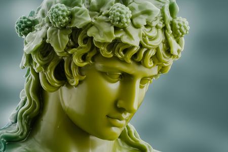 3D rendered image of a green antique sculpture's head