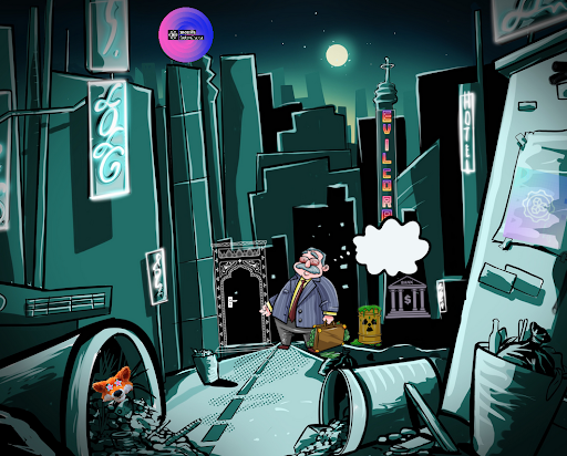 A cartoon city alleyway scene that is dark and dirty. A person is walking towards the camera.