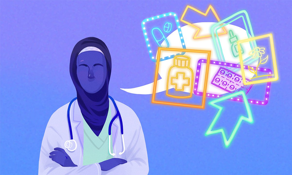 illustration of a doctor with speech bubble covered by flashy ads