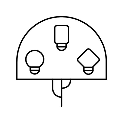 An outline of a desk with various shape lightbulbs sitting on top