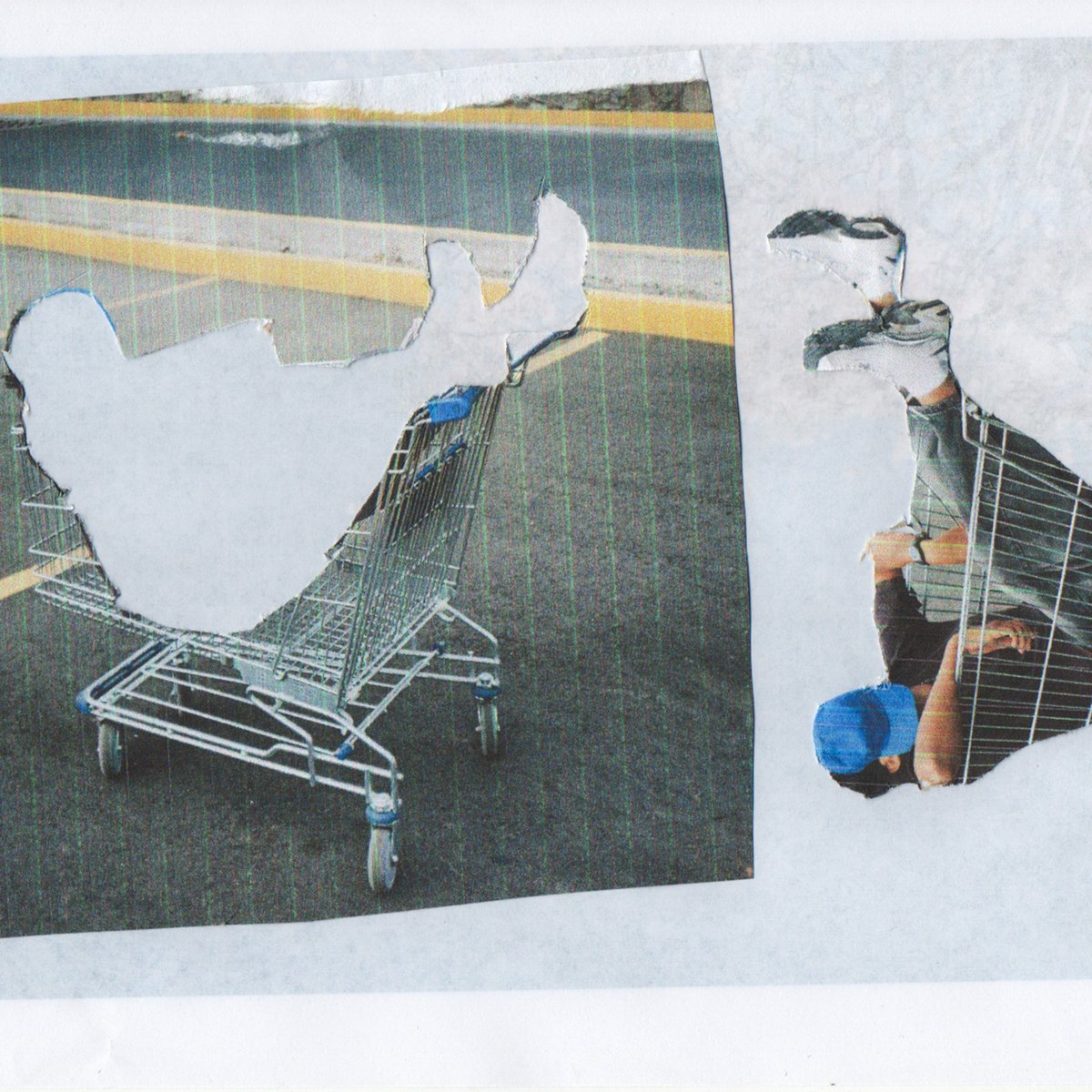 Collage of a person sitting inside a shopping cart