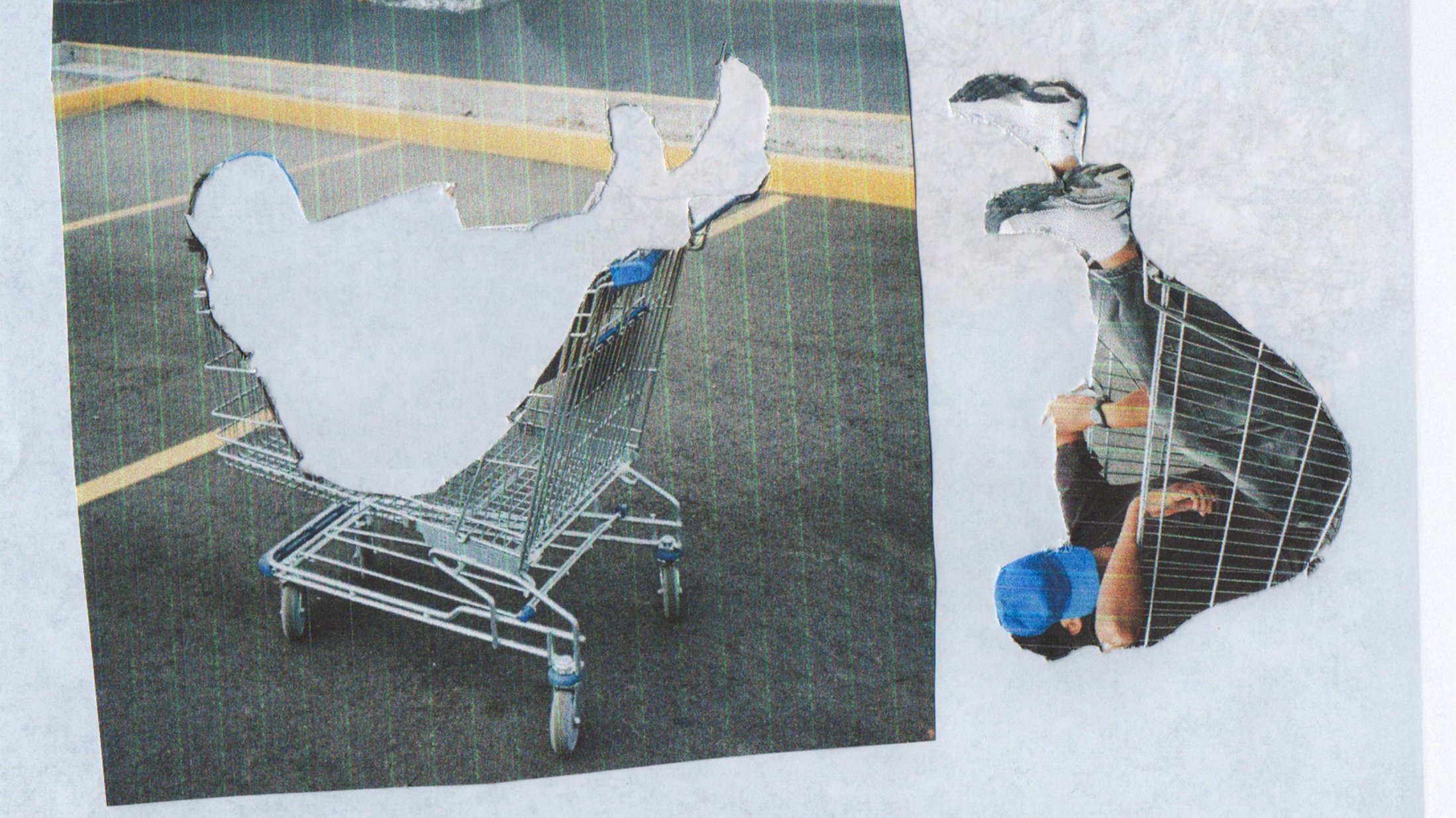 Collage of a person sitting inside a shopping cart