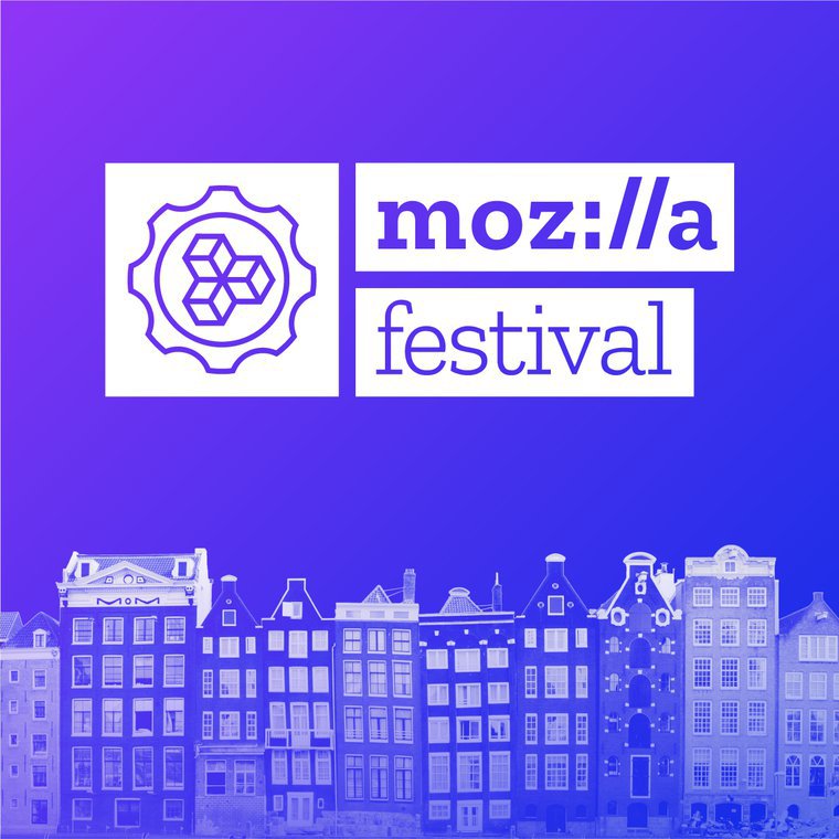 Mozilla Festival logo in front of purple gradient Amsterdam cityscape photo.