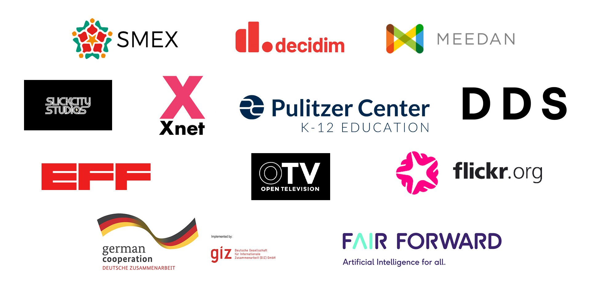 Logos of SMEX, Decidim, MEEDAN, Slickcity Studios, Xnet, Pluitzer Center, DDS, EFF, Open Television, Flickr.org, GiZ, Fair Forward