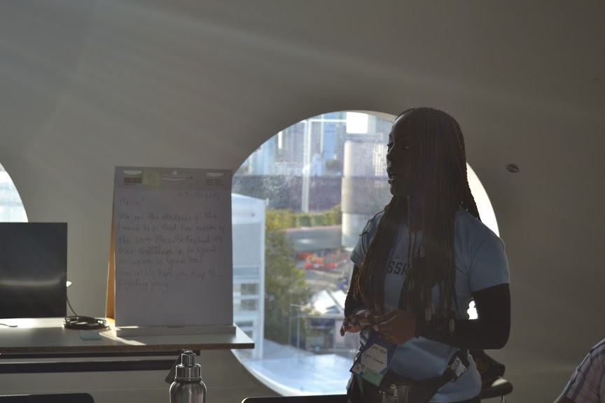 Uffa Modey of Digital Grassroots speaking at the Mozilla Festival 2019.