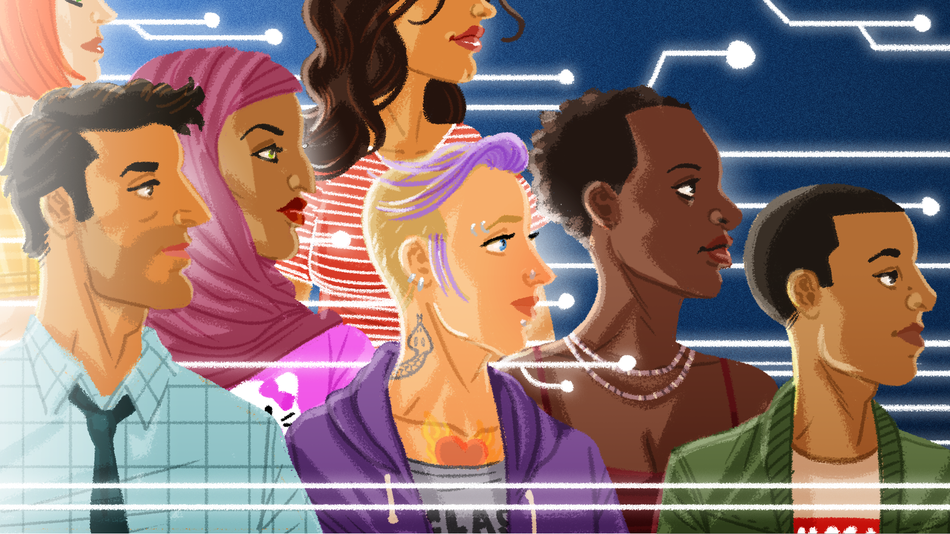 A cartoon image of a group of people of various races and cultures looking to the right, with technology lines overlaid on top of the image.