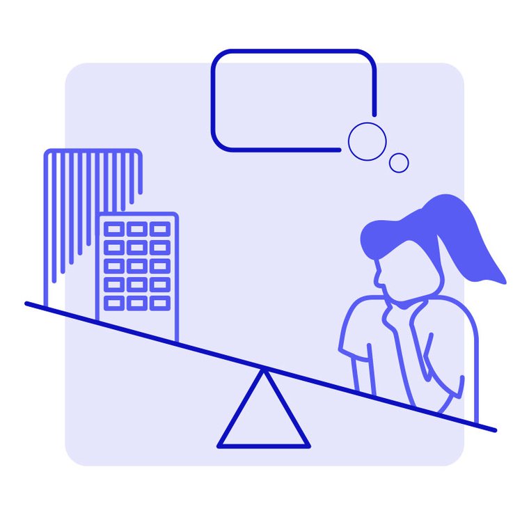 Illustration of a scale with a corporation on one side and a person thinking on the other side